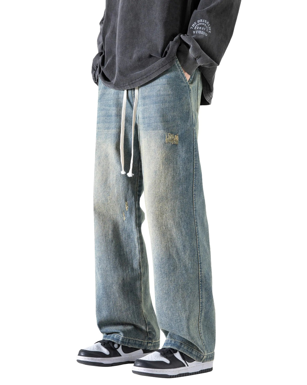 PRIJOUHE Mens Loose Fit Jeans Elastic Waist Wide Leg Baggy Jean Cargo Pants Trousers