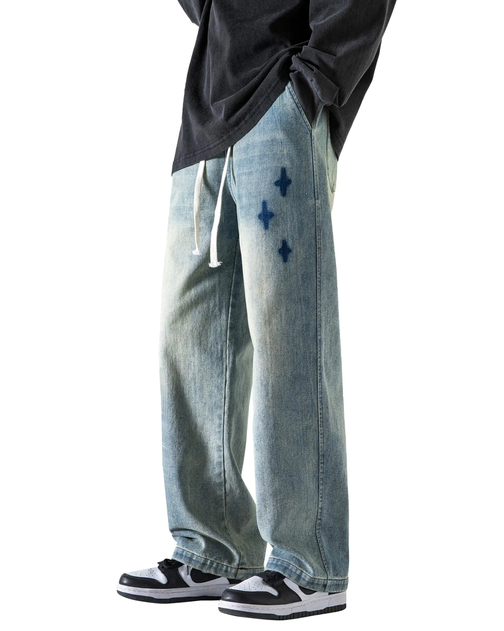 PRIJOUHE Mens Wide Leg Jeans Elastic Waist Baggy Jeans Casual Drawstring Denim Pants Trousers