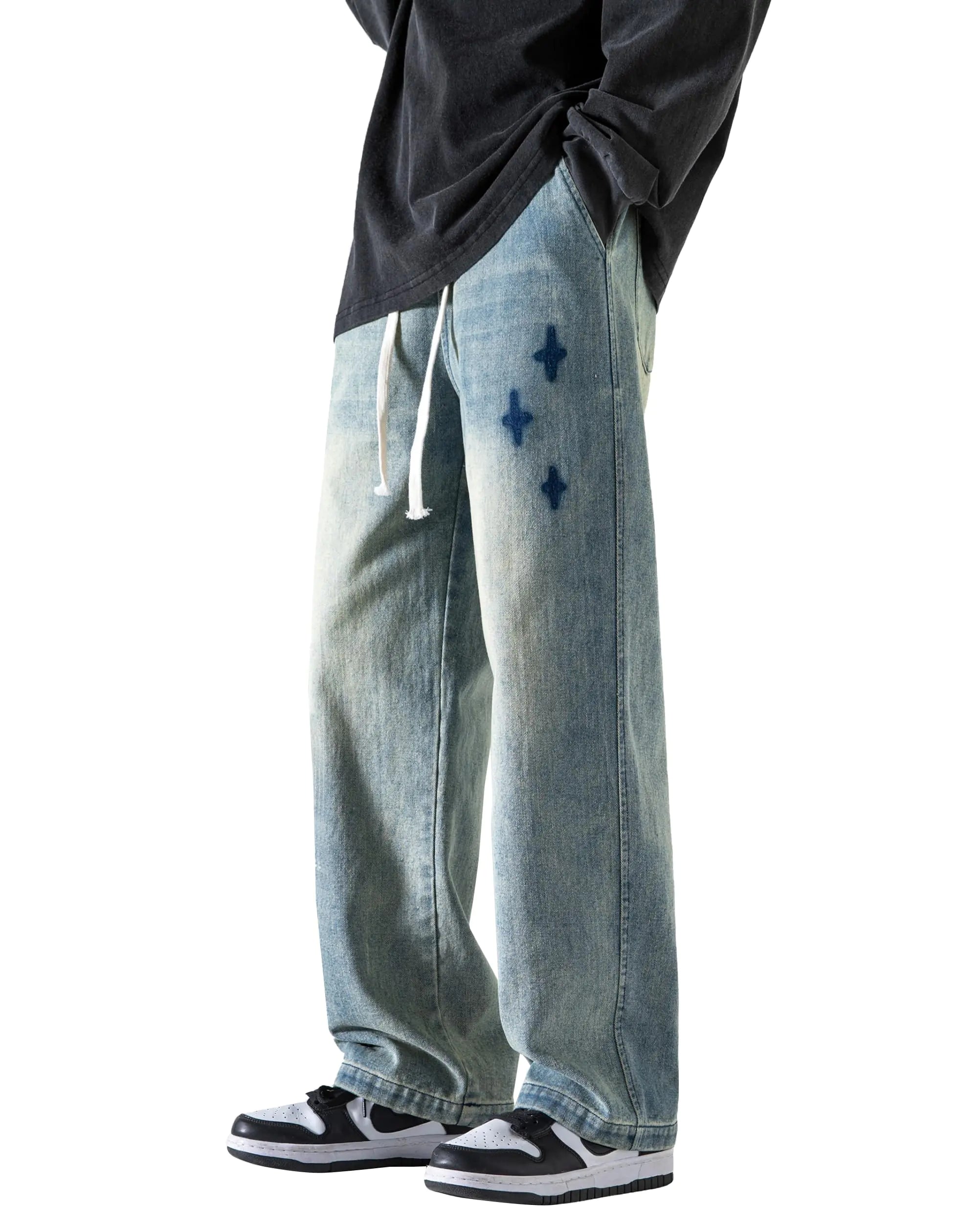 PRIJOUHE Mens Wide Leg Jeans Elastic Waist Baggy Jeans Casual Drawstring Denim Pants Trousers