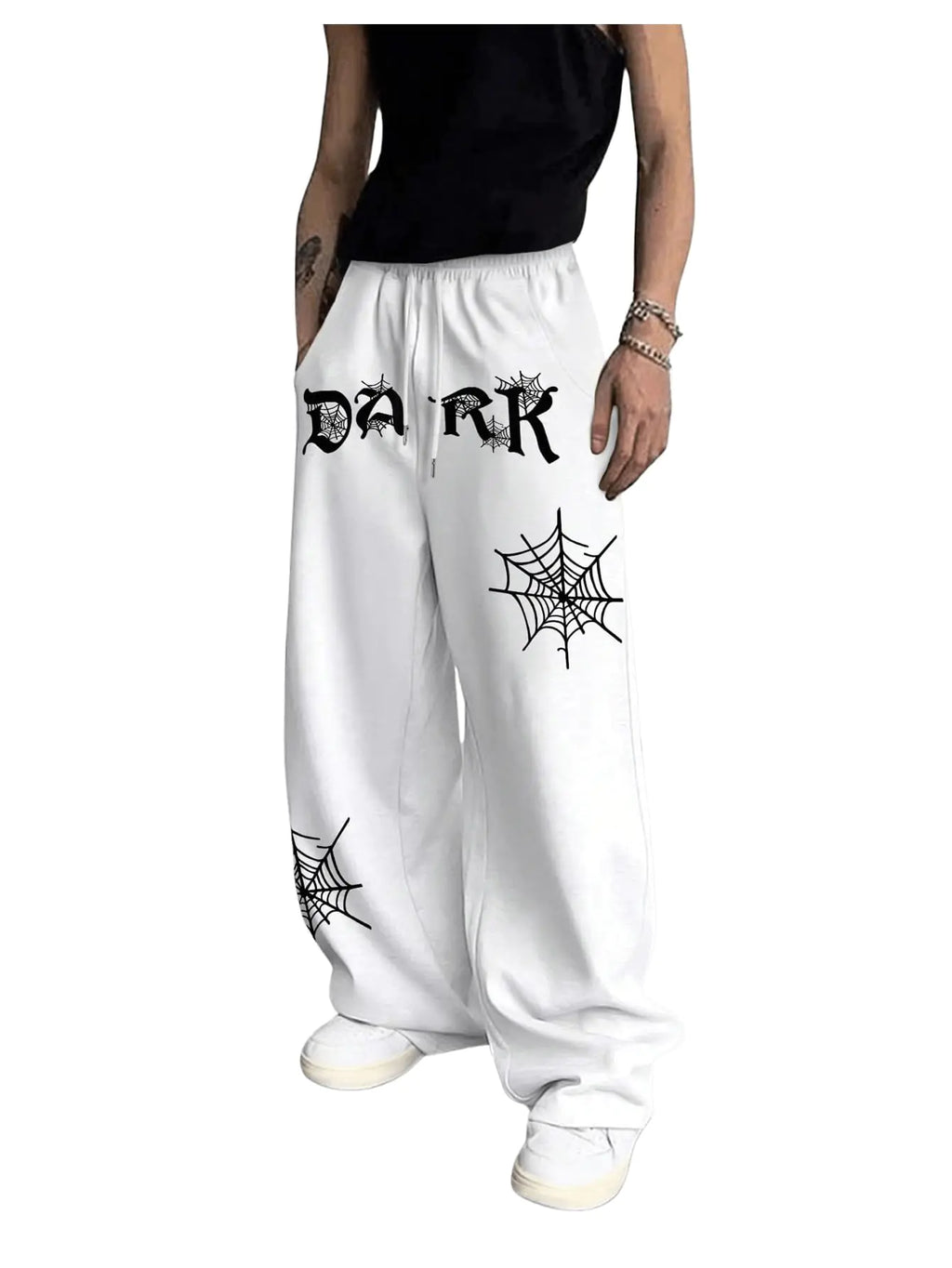 GORGLITTER Mens Y2K Graphic Baggy Sweatpants Drawstring Waist Wide Leg Jogger Pants with Pockets White X-Large